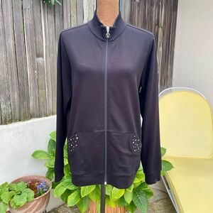 Joan Vass Zip Up Sweatshirt Sweater Black with Embellished Bling Pockets Size M